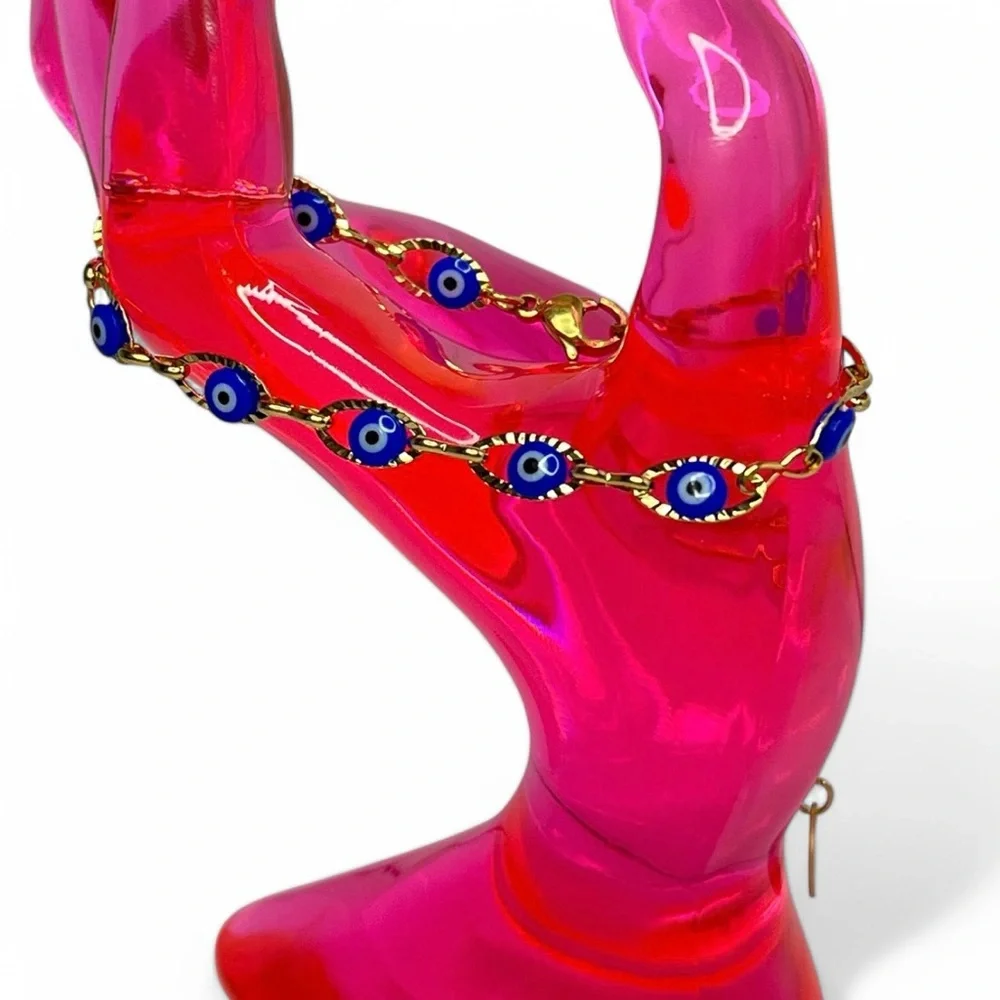 Evil Eye Bracelet Gold Tone Stainless Steel Blue Nazar Mal de Ojo Dainty Anklet